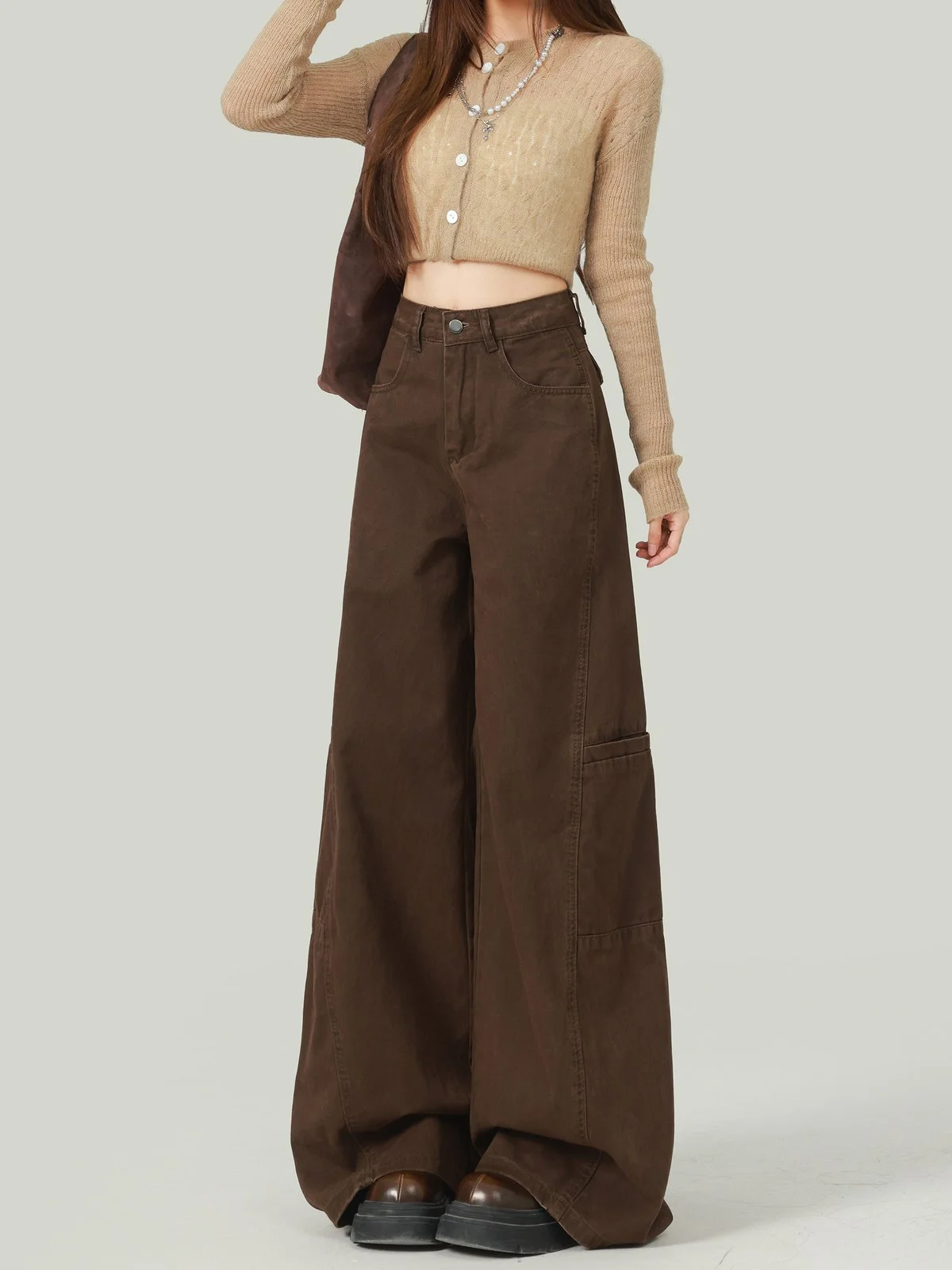 LA CHAPELLE ハイウエスト ワイドワークデニムパンツ ブラウン｜商品写真