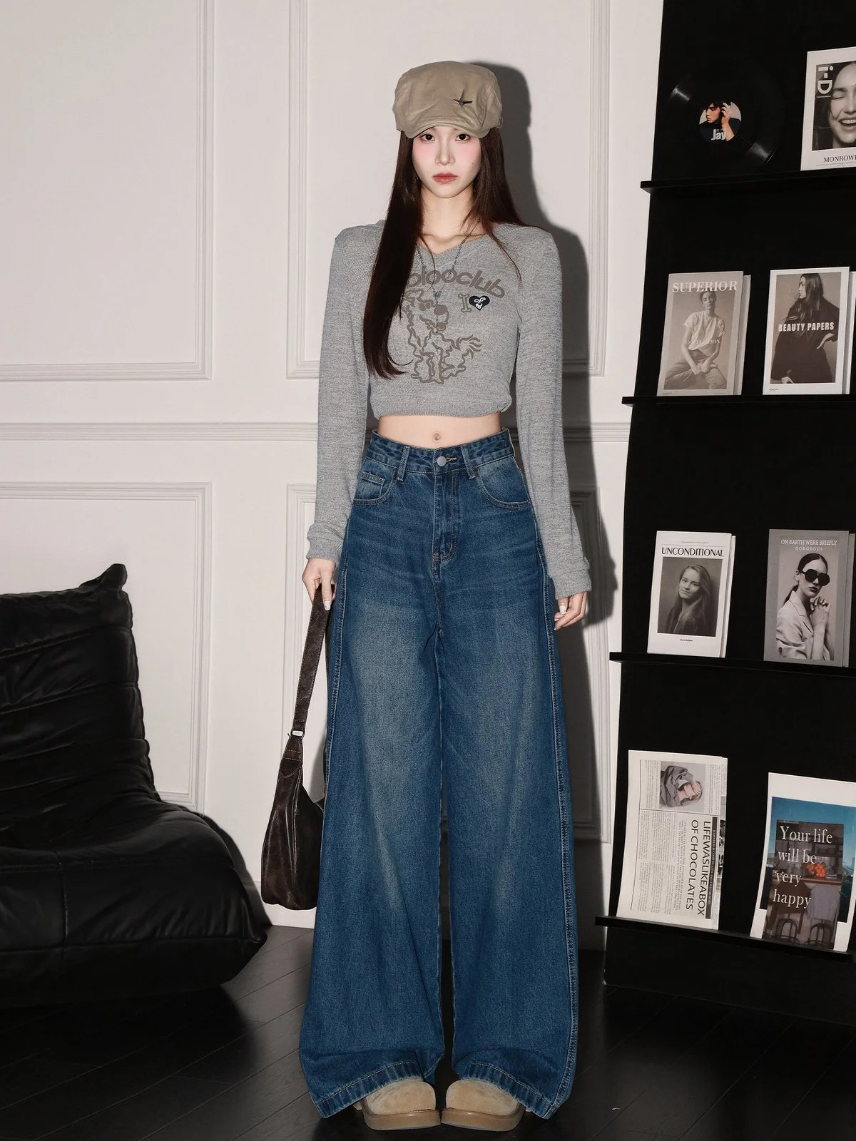 LA CHAPELLE アメカジ風 ひげ加工 ハイウエスト ワイドデニムパンツ レトロブルー｜商品写真