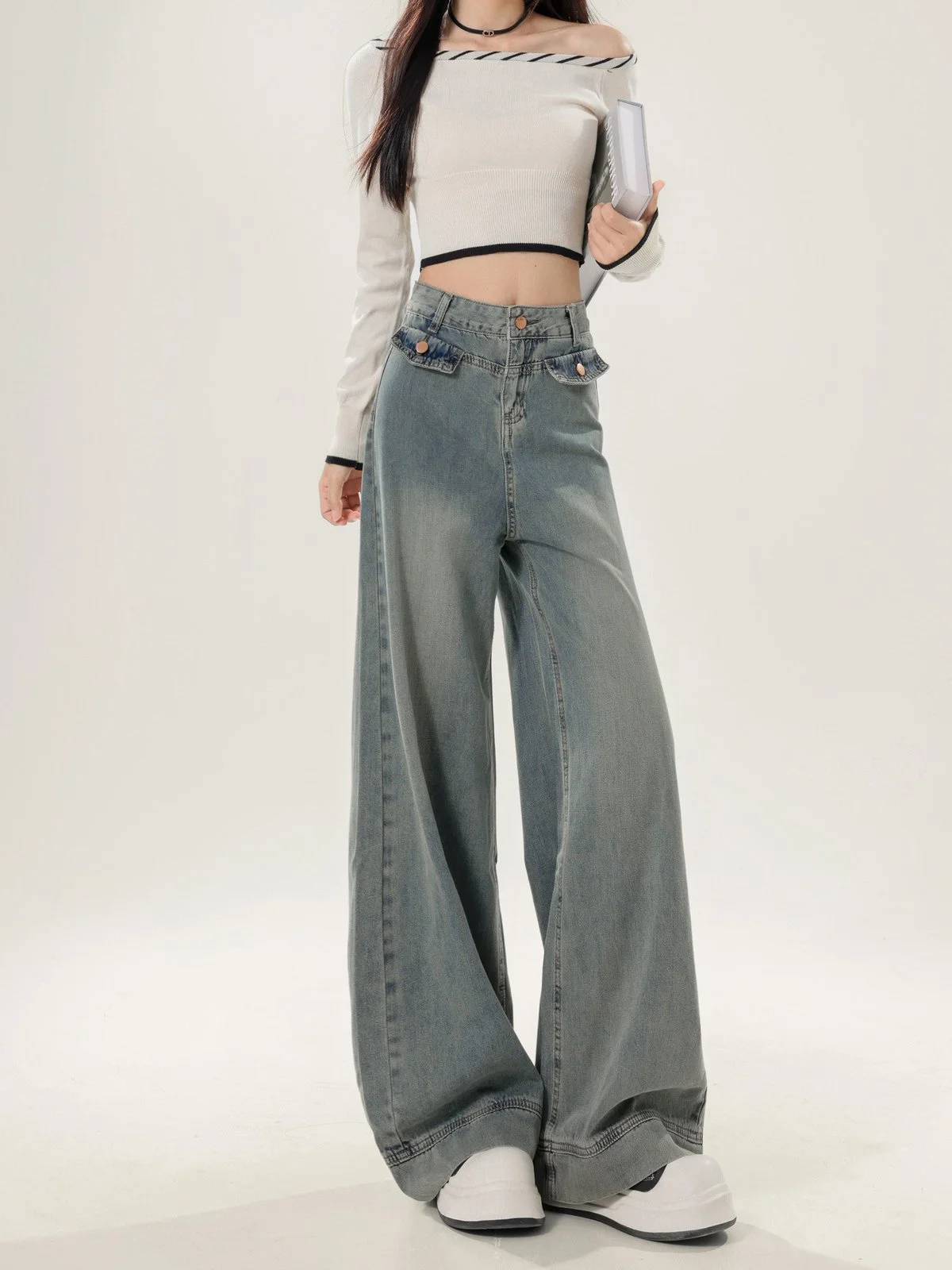 LA CHAPELLE レトロ ハイウエスト ロング丈 ワイドデニムパンツ ブルー｜商品写真