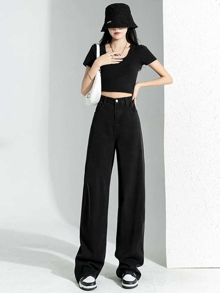 LA CHAPELLE ハイウエスト ストレートワイド デニムパンツ ロング丈｜商品写真
