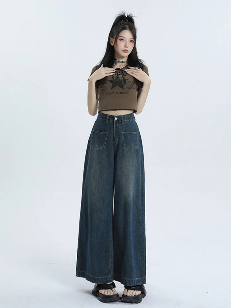 LA CHAPELLE ストリート レトロ ワイドストレート デニムパンツ ブルー｜商品写真