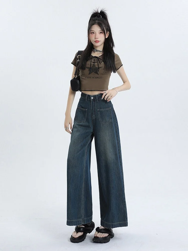LA CHAPELLE ストリート レトロ ワイドストレート デニムパンツ ブルー｜商品写真