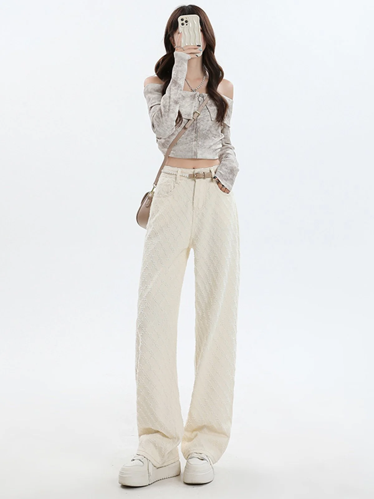 LA CHAPELLE ハイウエスト ストレートワイド デニムパンツ アプリコット｜商品写真