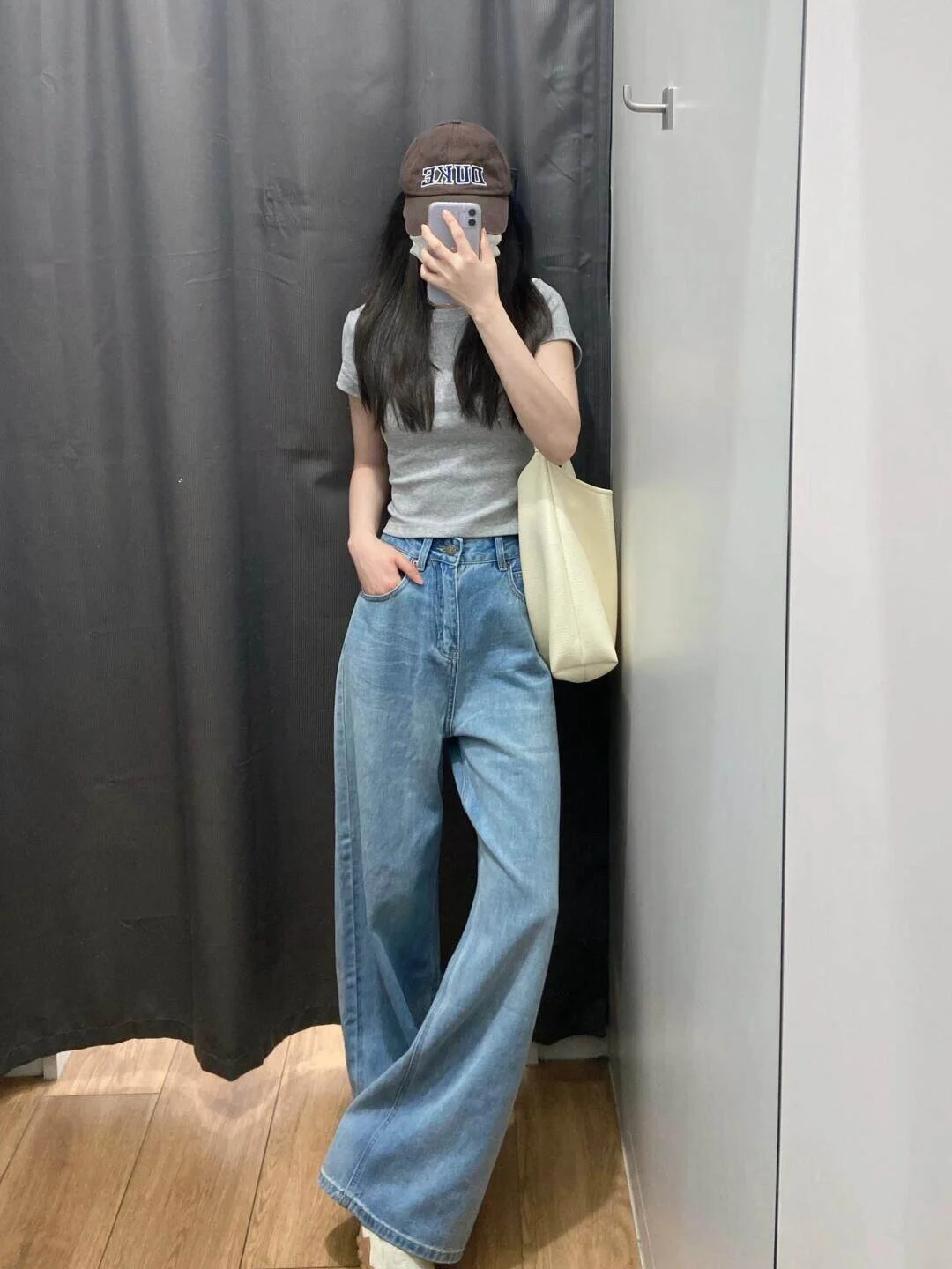LA CHAPELLE ハイウエスト ルーズストレート デニムパンツ ライトブルー｜商品写真