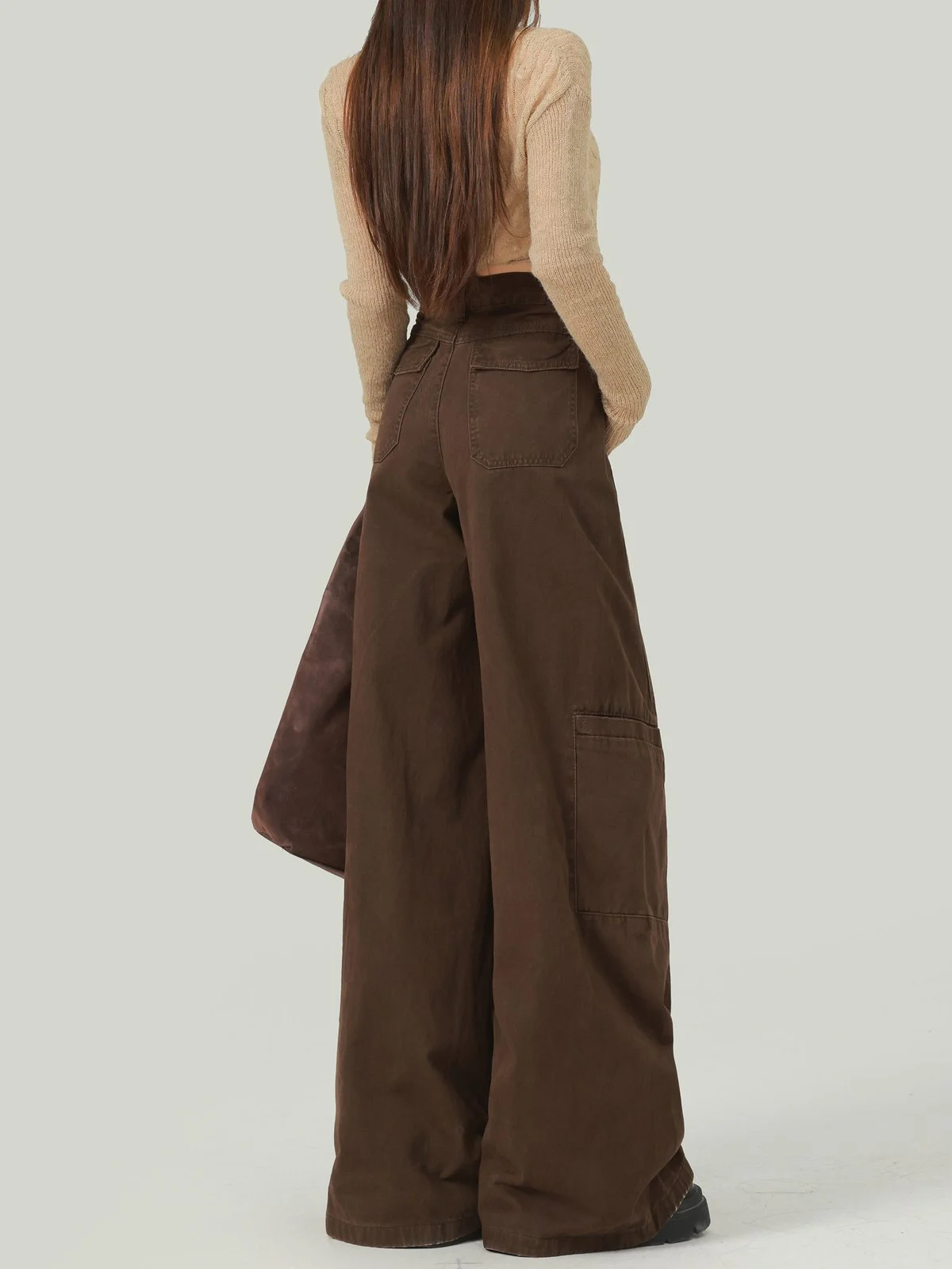 LA CHAPELLE ハイウエスト ワイドワークデニムパンツ ブラウン｜商品写真