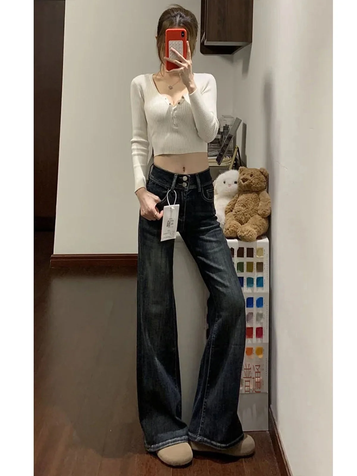 LA CHAPELLE ハイウエスト フレアデニムパンツ ブルーグレー 裏起毛タイプあり｜商品写真