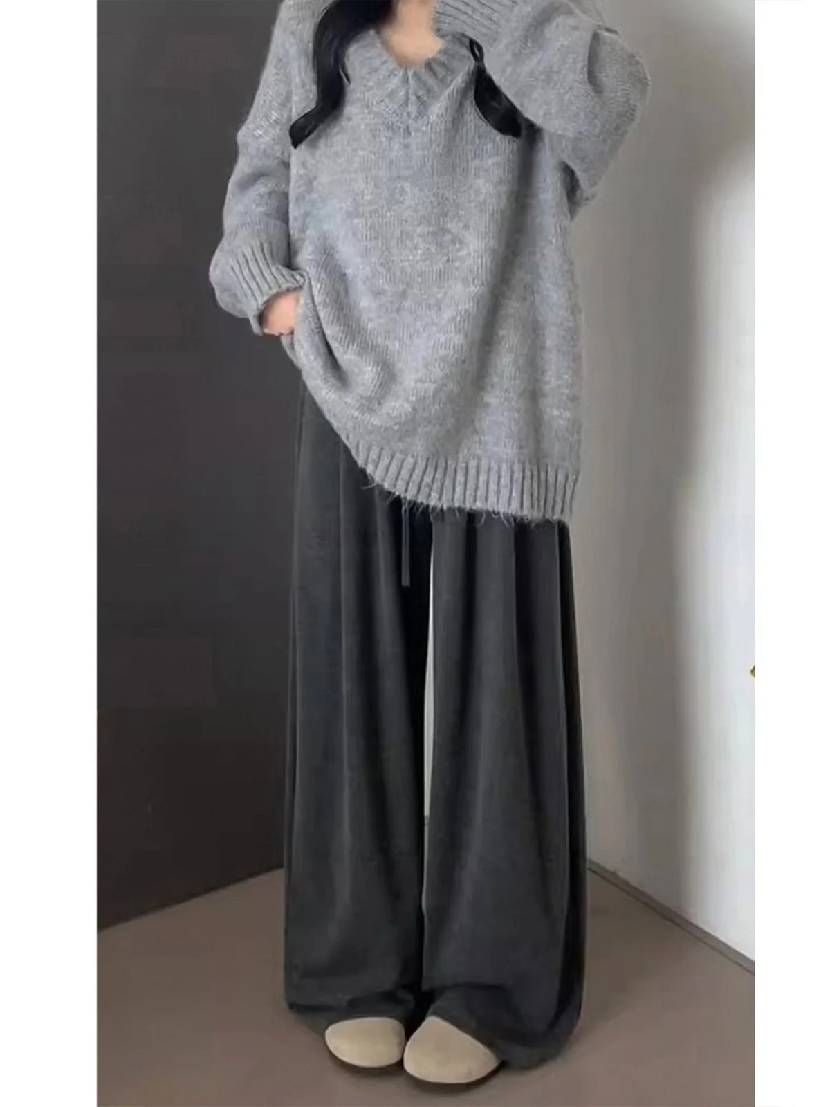 LA CHAPELLE ゆったり ハイウエスト ワイドストレートパンツ ダークグレー｜商品写真