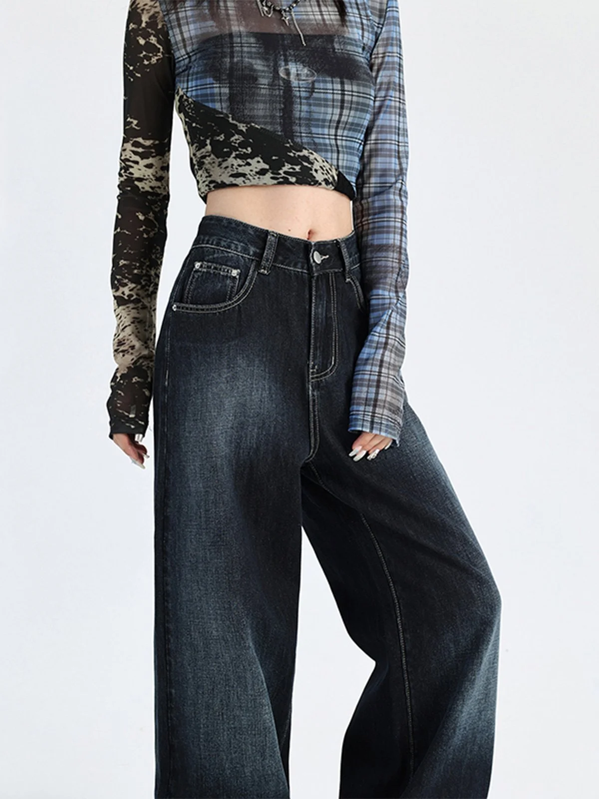 LA CHAPELLE ハイウエスト ロング丈 ワイドデニムパンツ ネイビー｜商品写真