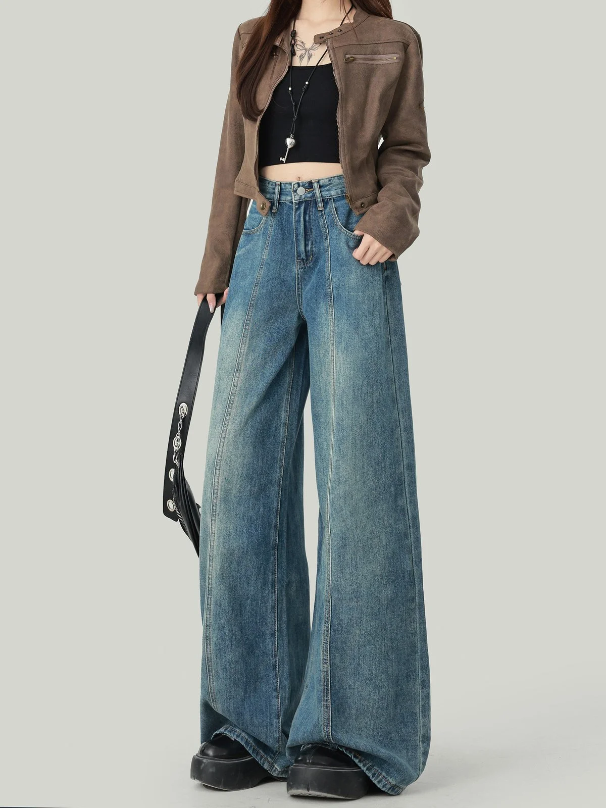 LA CHAPELLE アメカジ ハイウエスト ワイドデニムパンツ ダークブルー｜商品写真