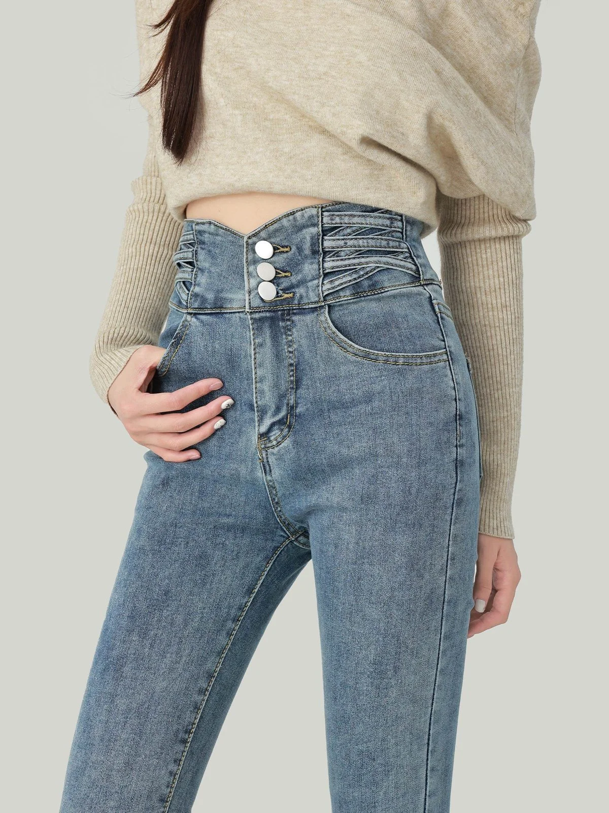 LA CHAPELLE ストレッチ ハイウエスト スキニーデニムパンツ レトロブルー 裏起毛タイプあり｜商品写真
