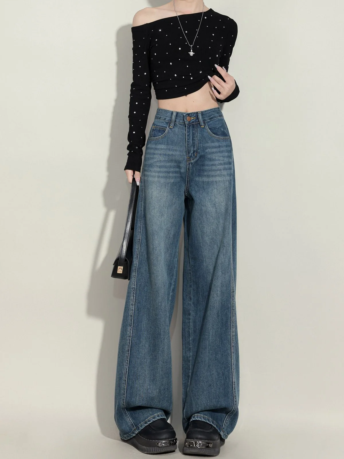 LA CHAPELLE ハイウエスト バナナシルエット ワイドデニムパンツ ブルー｜商品写真