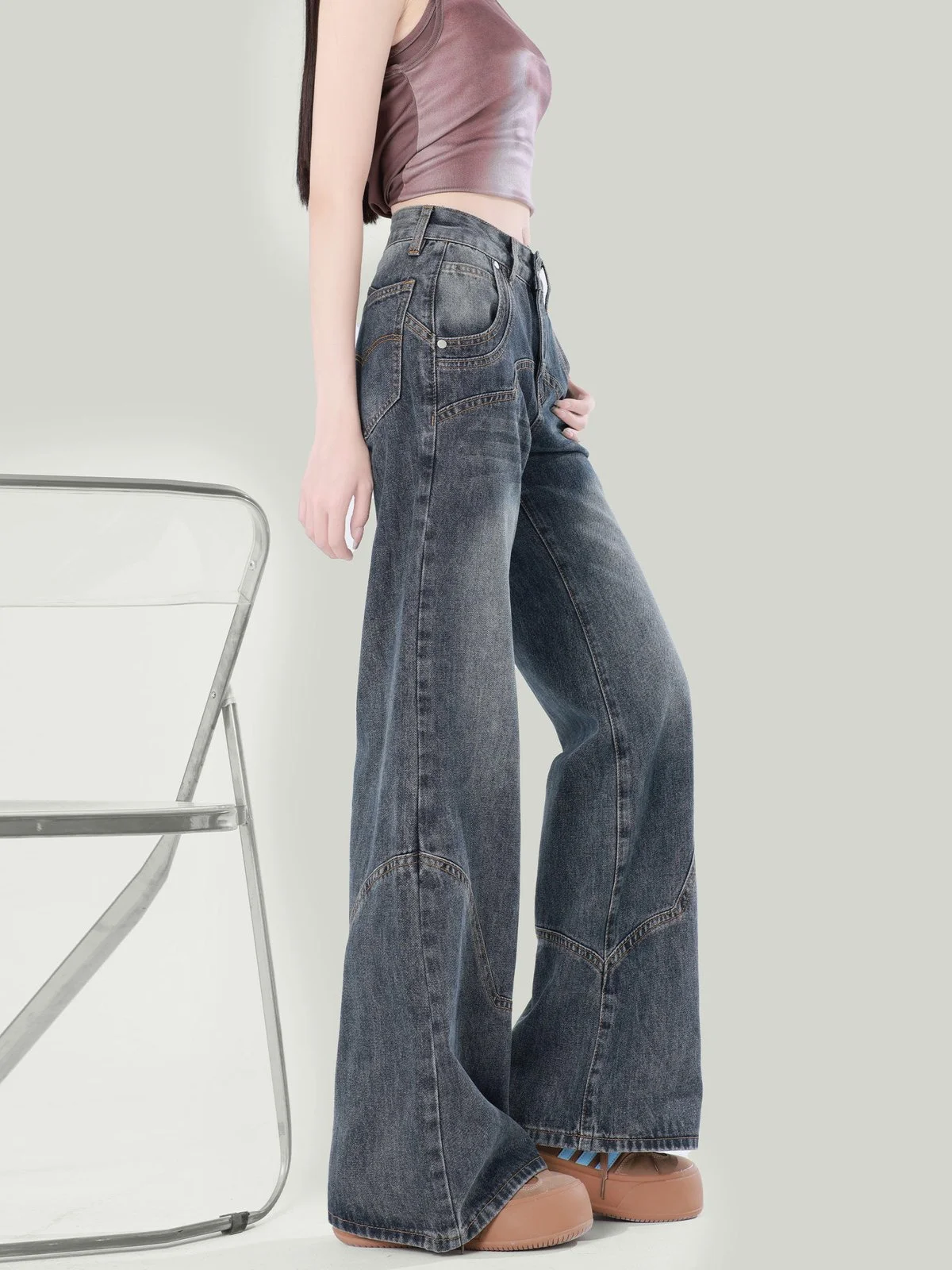 LA CHAPELLE ハイウエスト ワイドフレア デニムパンツ グレー｜商品写真
