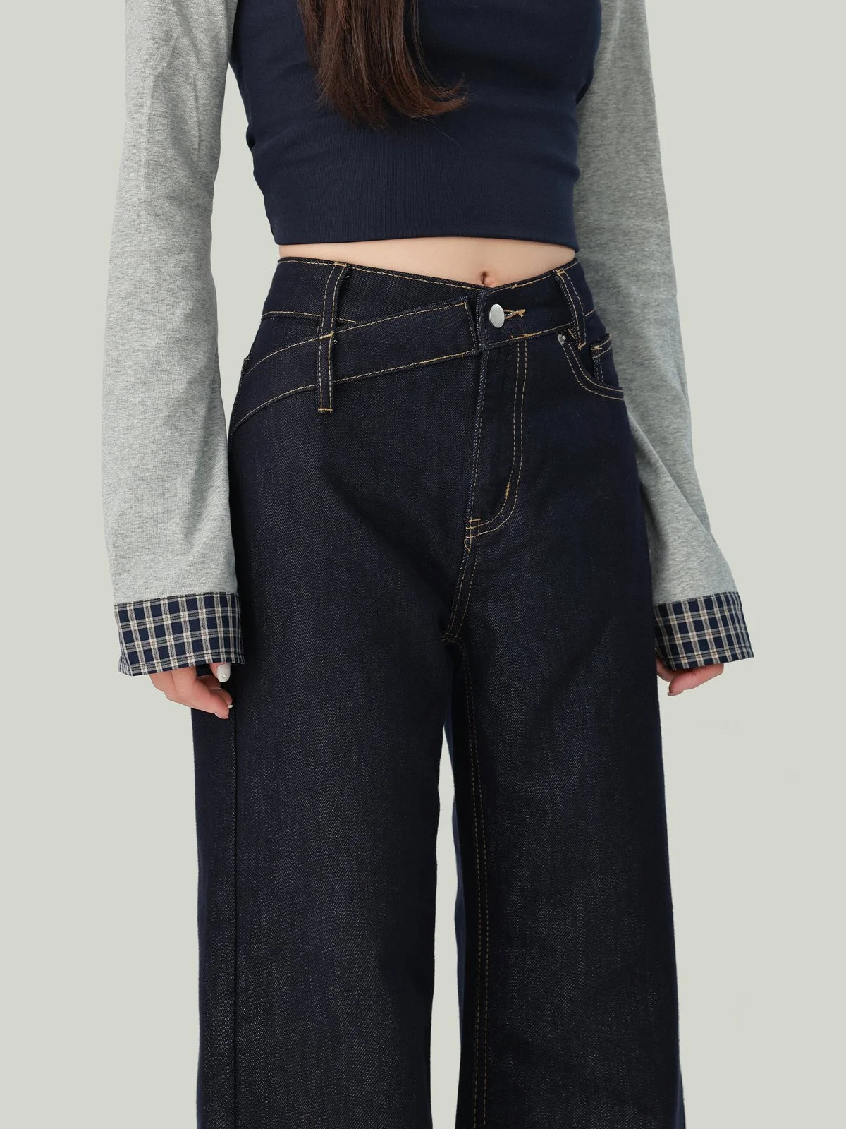 LA CHAPELLE アシンメトリーウエスト ローライズ ストレートデニムパンツ ダークブルー｜商品写真