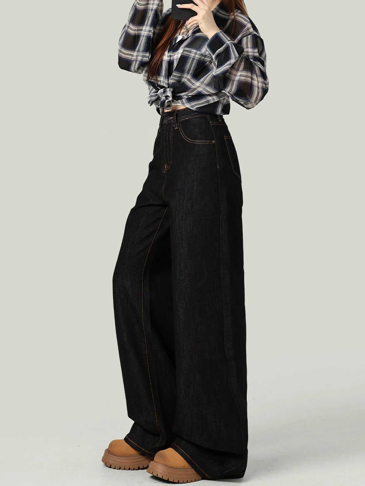 LA CHAPELLE すっきり見え ストレート ワイドデニムパンツ ブラック ロング丈｜商品写真