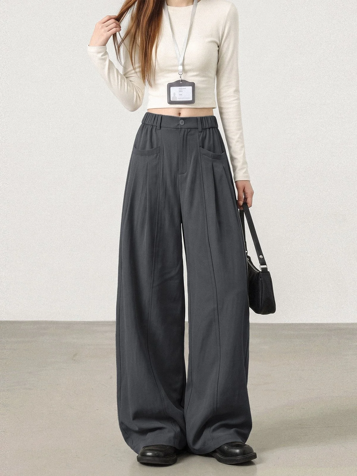 LA CHAPELLE タックデザイン ハイウエスト ワイドストレートパンツ ダークグレー｜商品写真