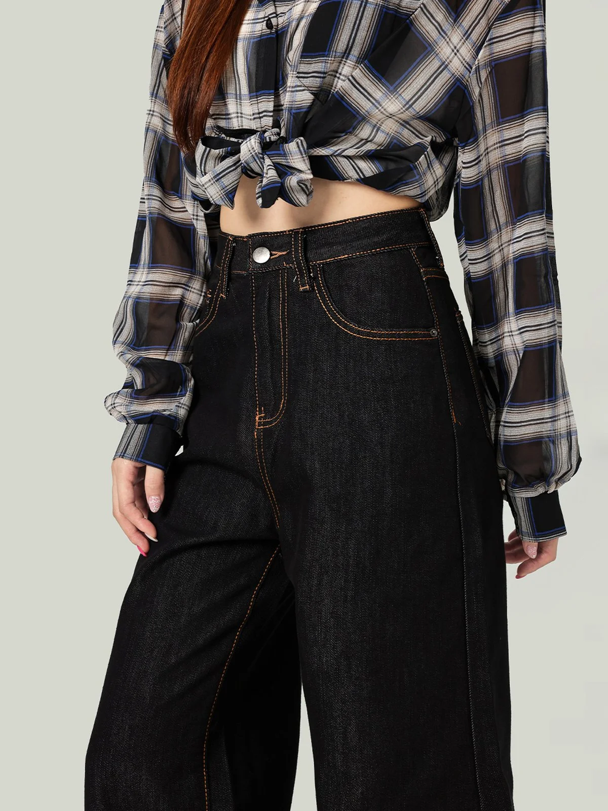 LA CHAPELLE すっきり見え ストレート ワイドデニムパンツ ブラック ロング丈｜商品写真