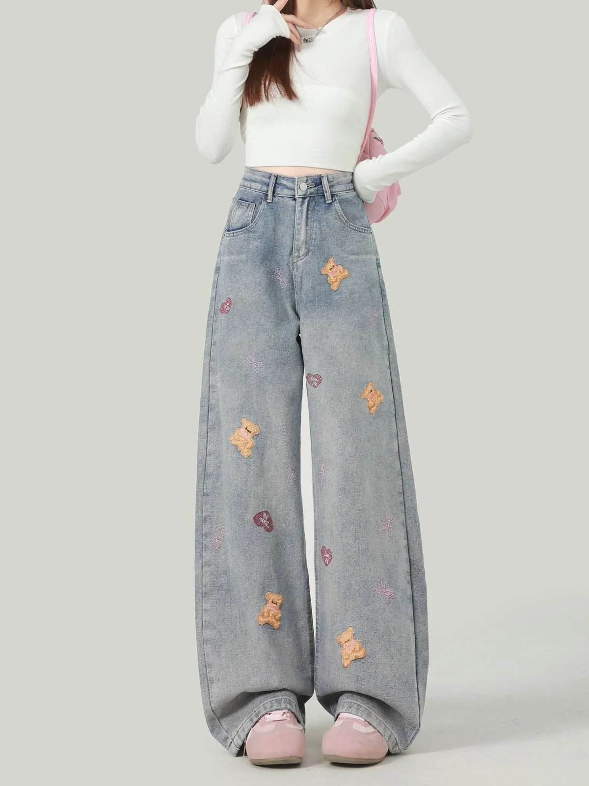 LA CHAPELLE クマ刺繍 ヴィンテージ ワイドデニムパンツ ロング丈 ブルー｜商品写真