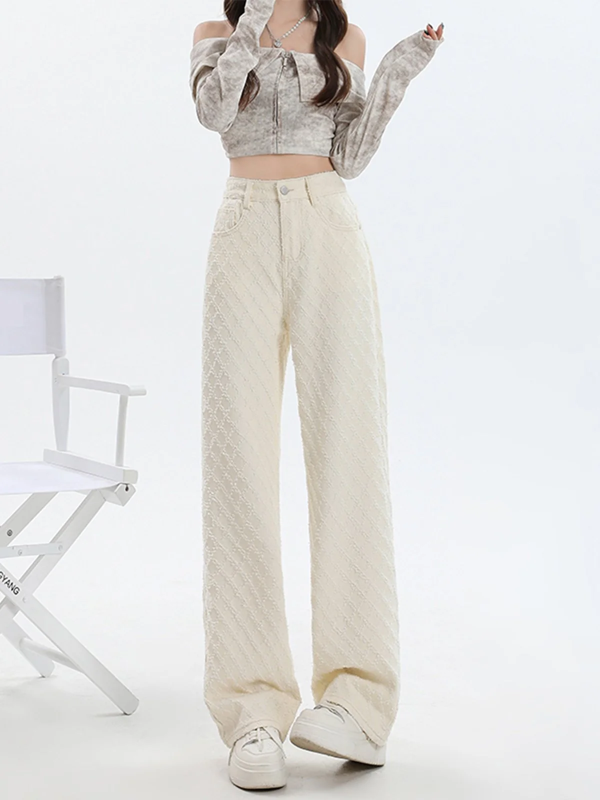 LA CHAPELLE ハイウエスト ストレートワイド デニムパンツ アプリコット｜商品写真