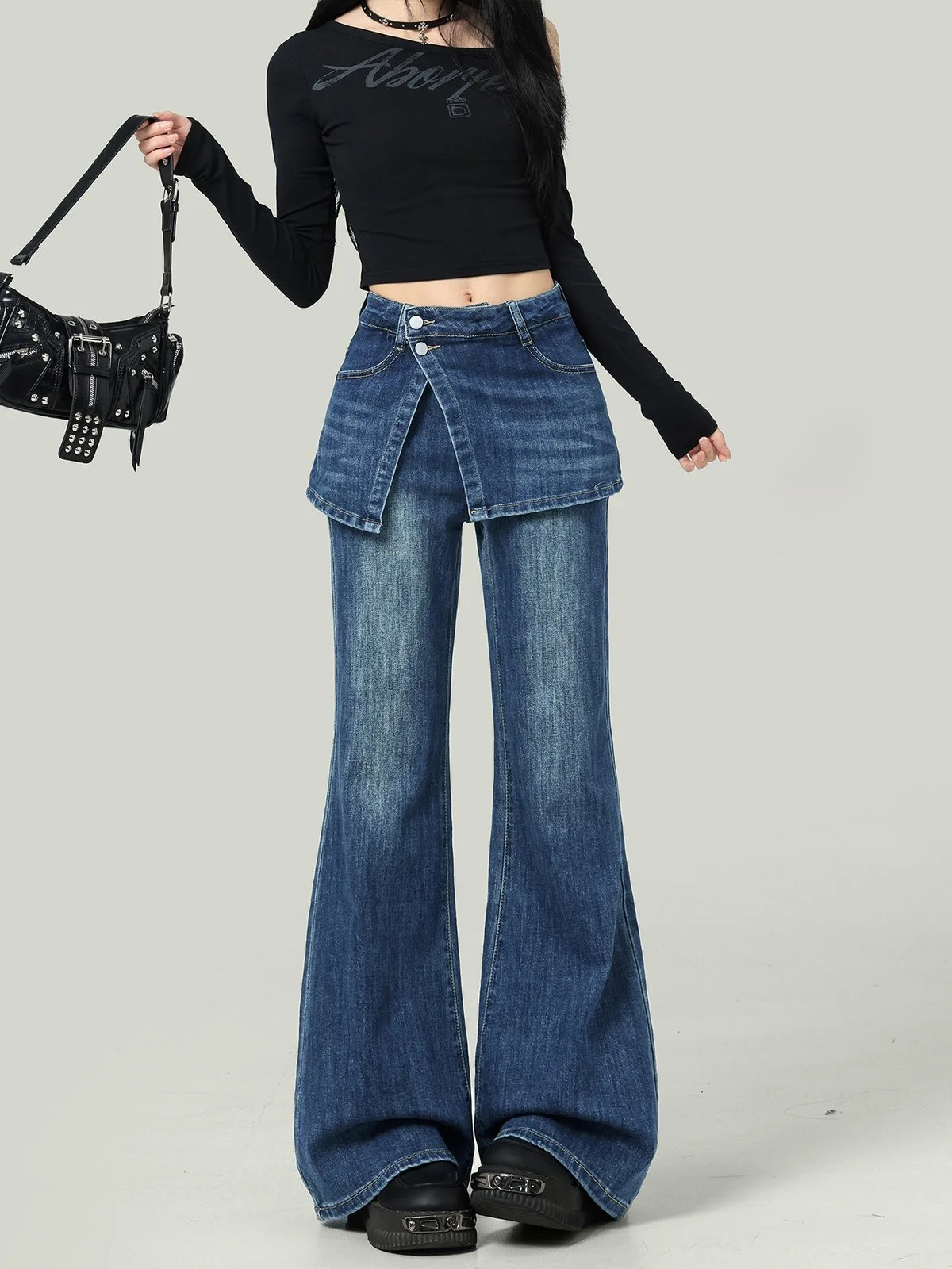 LA CHAPELLE 前後スカート風デザイン ハイウエスト フレアデニムパンツ レトロブルー｜商品写真