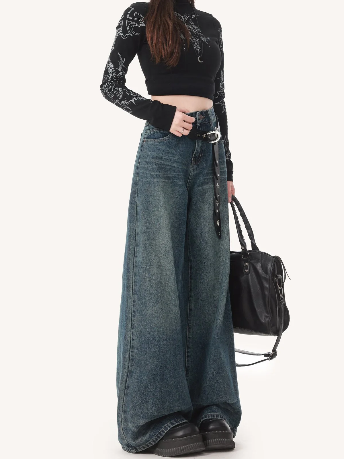 LA CHAPELLE アメカジ ハイウエスト ルーズ ワイドストレートデニムパンツ｜商品写真