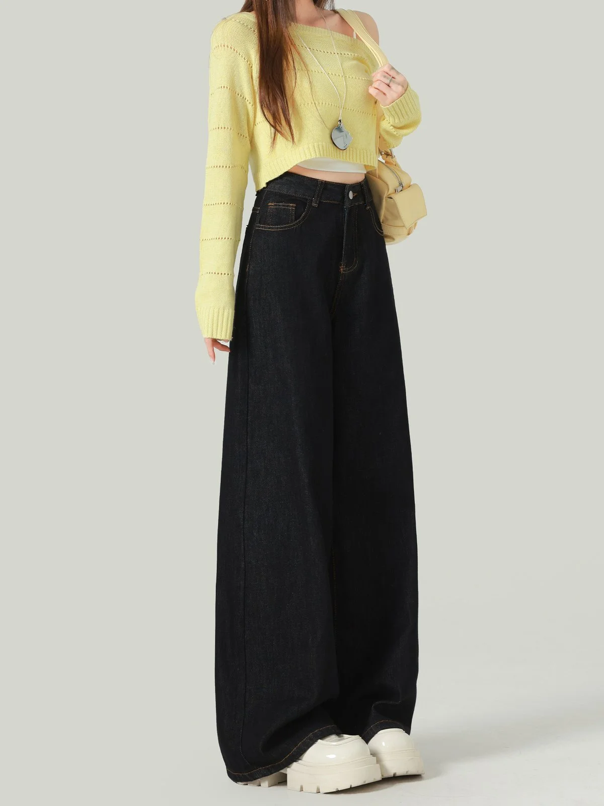 LA CHAPELLE ハイウエスト ワイドデニムパンツ ブラックゴールド｜商品写真