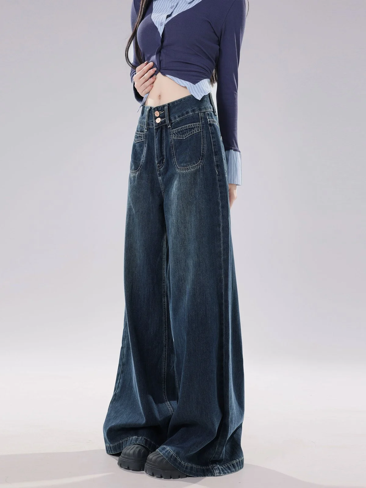 LA CHAPELLE ハイウエスト ドレープ感 ワイドデニムパンツ ダークブルー｜商品写真