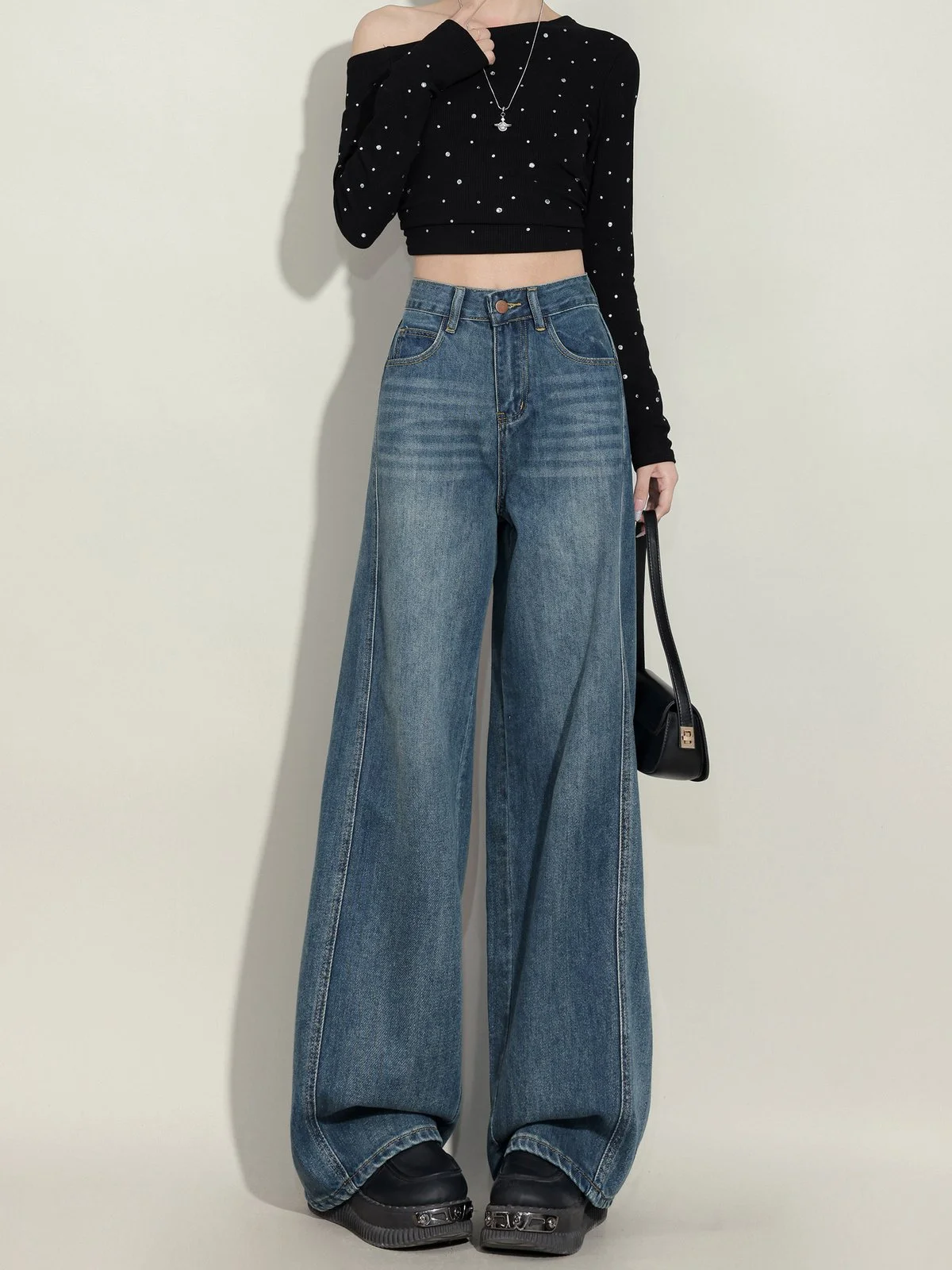 LA CHAPELLE ハイウエスト バナナシルエット ワイドデニムパンツ ブルー｜商品写真