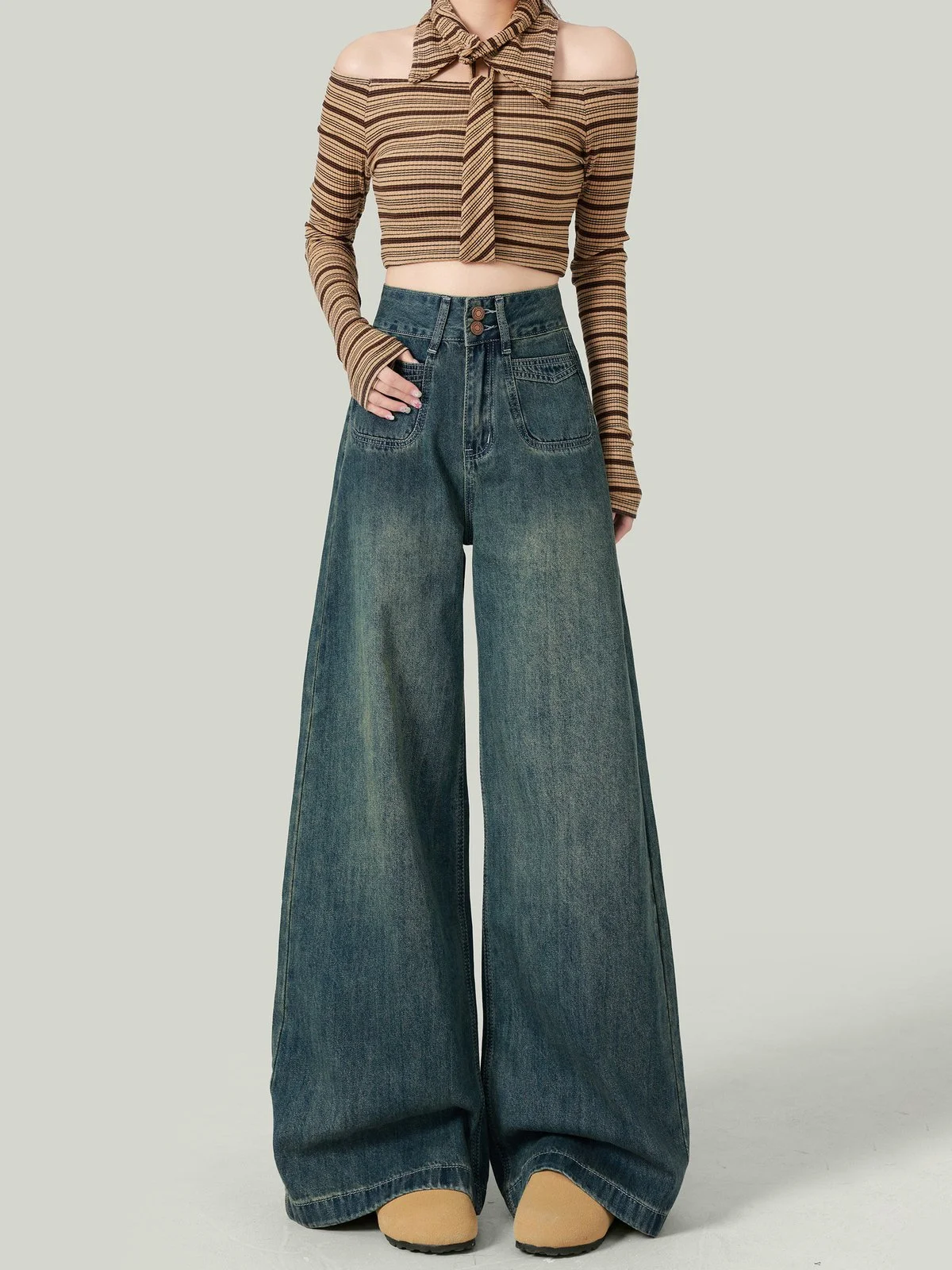 LA CHAPELLE ハイウエスト ワイドデニムパンツ ロング丈 ポケット付き｜商品写真