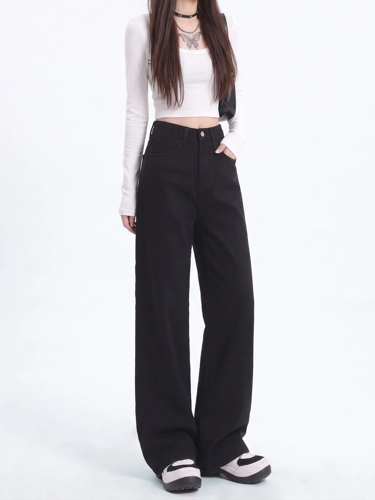 LA CHAPELLE ハイウエスト ワイドストレート デニムパンツ ブラック｜商品写真