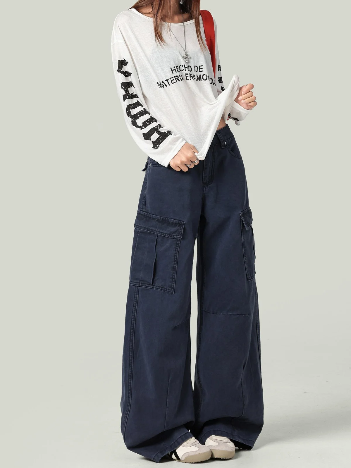 LA CHAPELLE レトロ ハイウエスト ワイドカーゴパンツ ブルーグレー｜商品写真