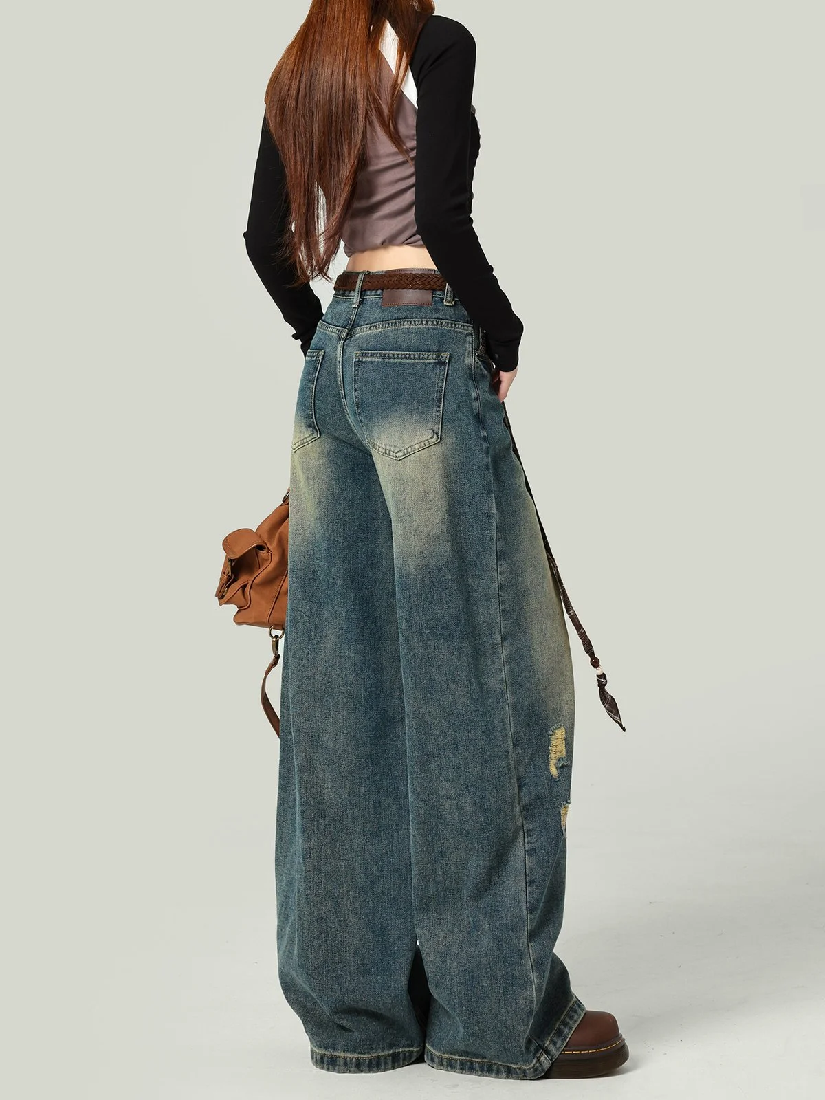 LA CHAPELLE ダメージ加工 ハイウエスト ワイドストレートデニムパンツ レトロブルー｜商品写真