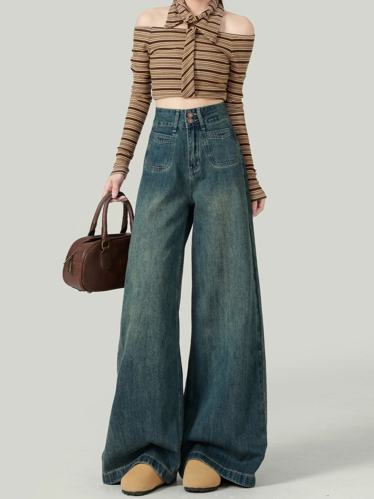 LA CHAPELLE ハイウエスト ワイドデニムパンツ ロング丈 ポケット付き｜商品写真