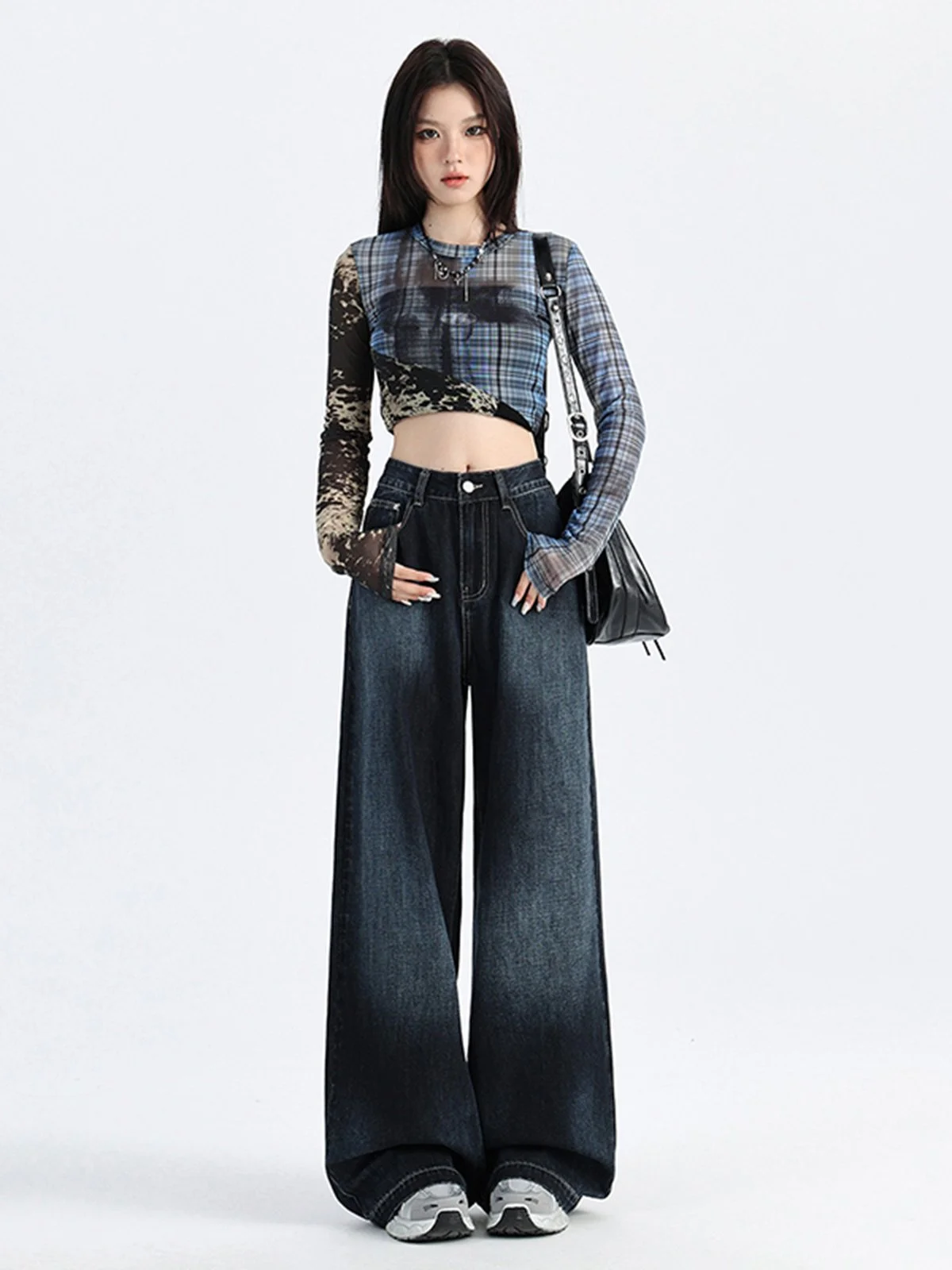 LA CHAPELLE ハイウエスト ロング丈 ワイドデニムパンツ ネイビー｜商品写真