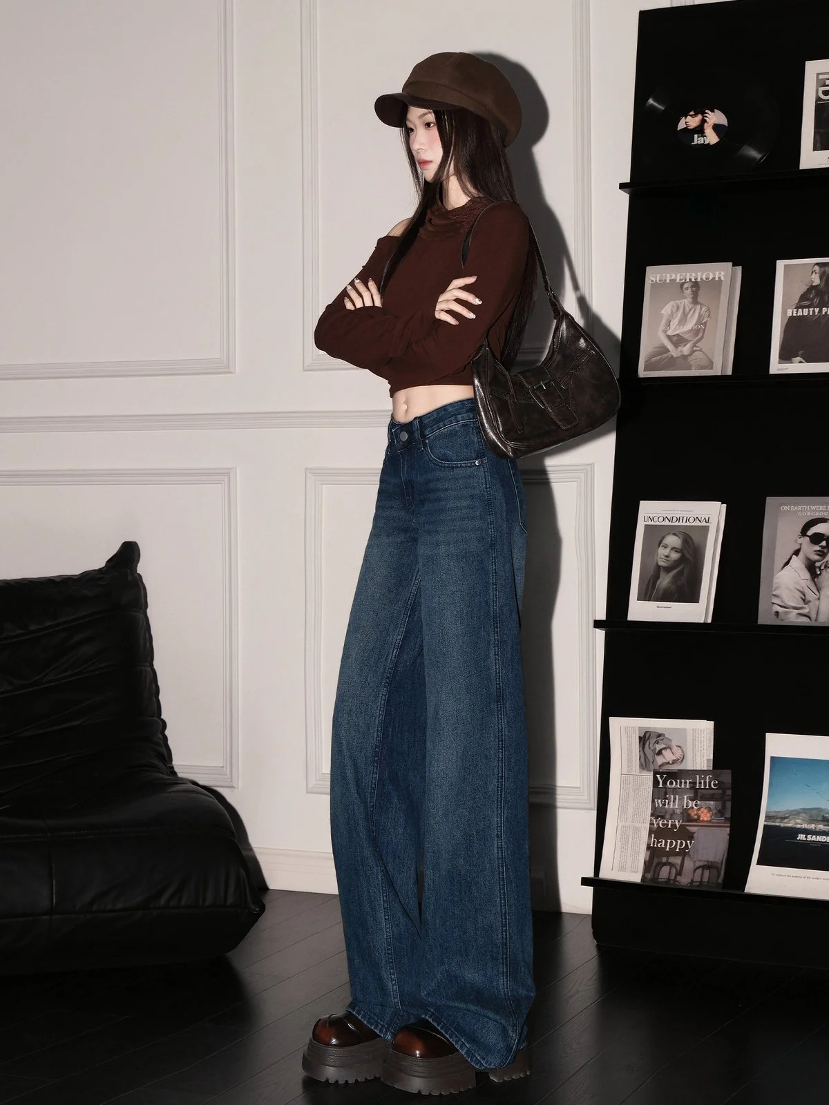 LA CHAPELLE レトロ ローウエスト ワイドストレート デニムパンツ ブルー｜商品写真