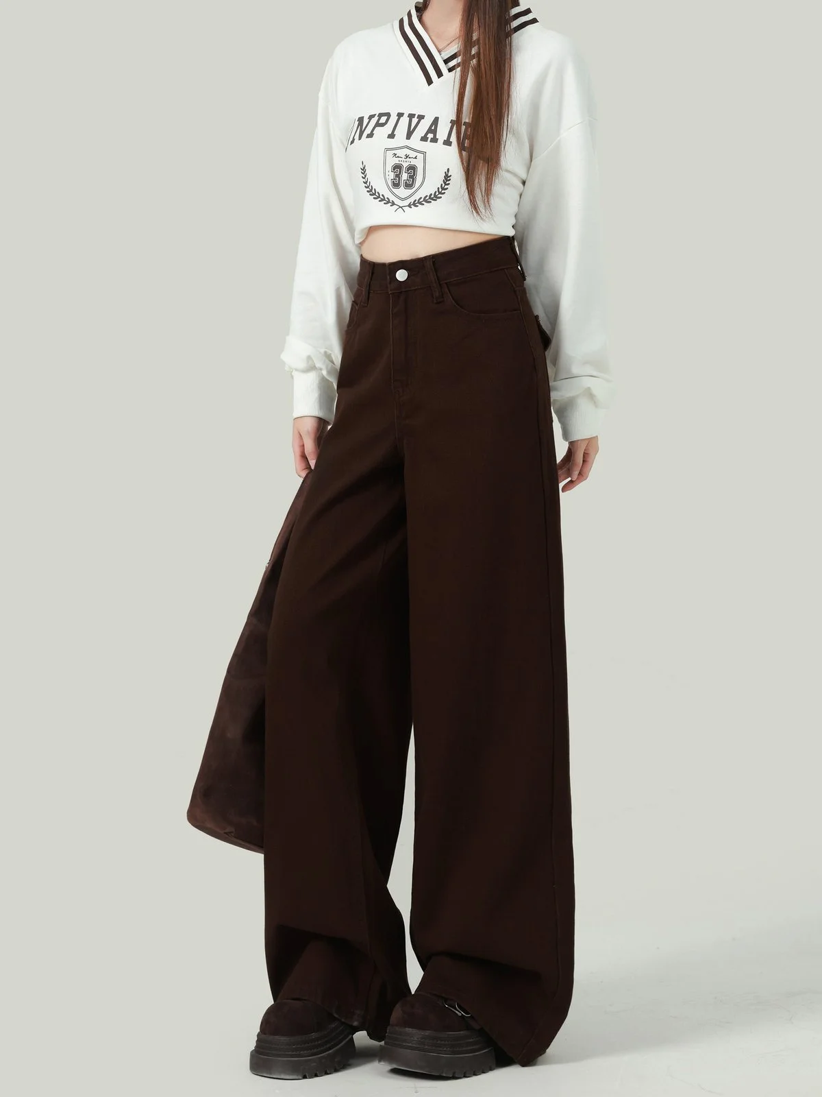 LA CHAPELLE バックポケット ワイドストレート デニムパンツ コーヒーブラウン｜商品写真
