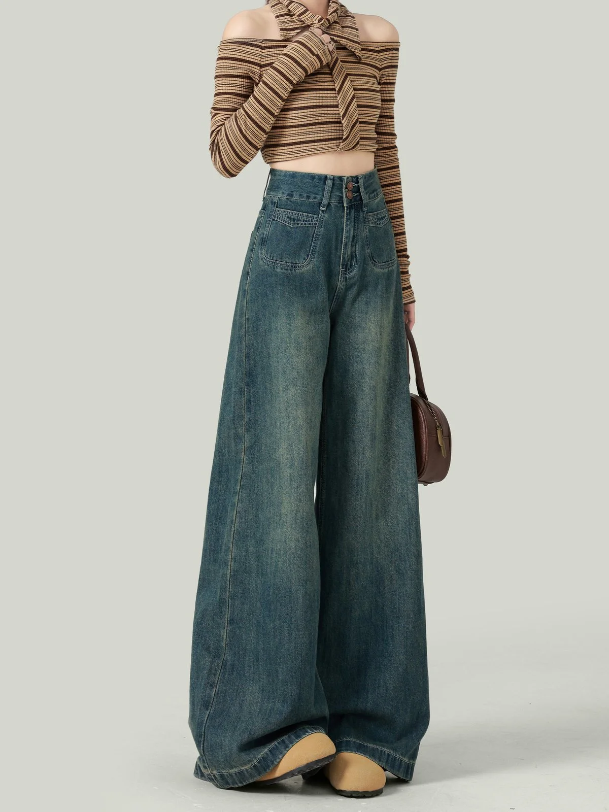 LA CHAPELLE ハイウエスト ワイドデニムパンツ ロング丈 ポケット付き｜商品写真