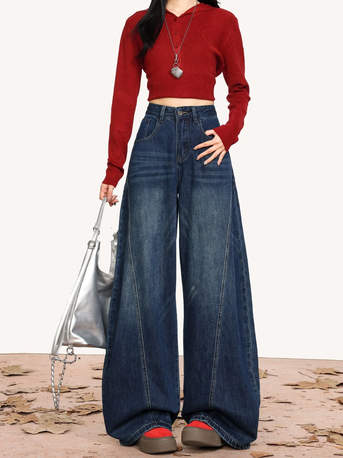 LA CHAPELLE カーブシルエット ロング丈 ワイドデニムパンツ ブルー｜商品写真