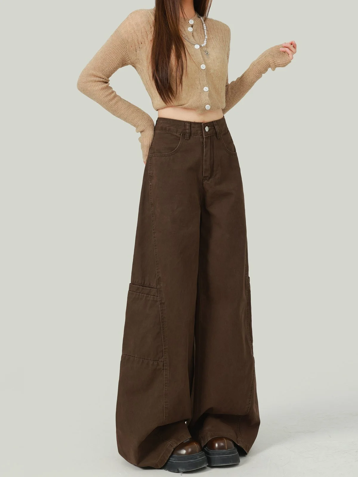 LA CHAPELLE ハイウエスト ワイドワークデニムパンツ ブラウン｜商品写真