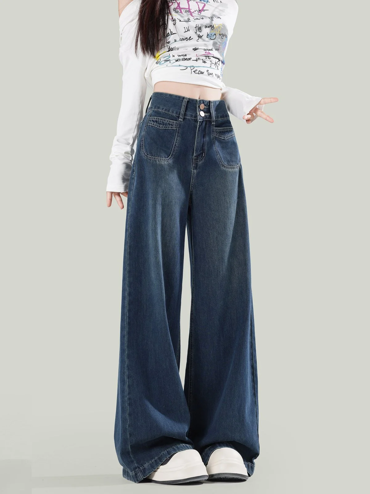 LA CHAPELLE ハイウエスト ゆったり ストレートワイド デニムパンツ ダークブルー｜商品写真