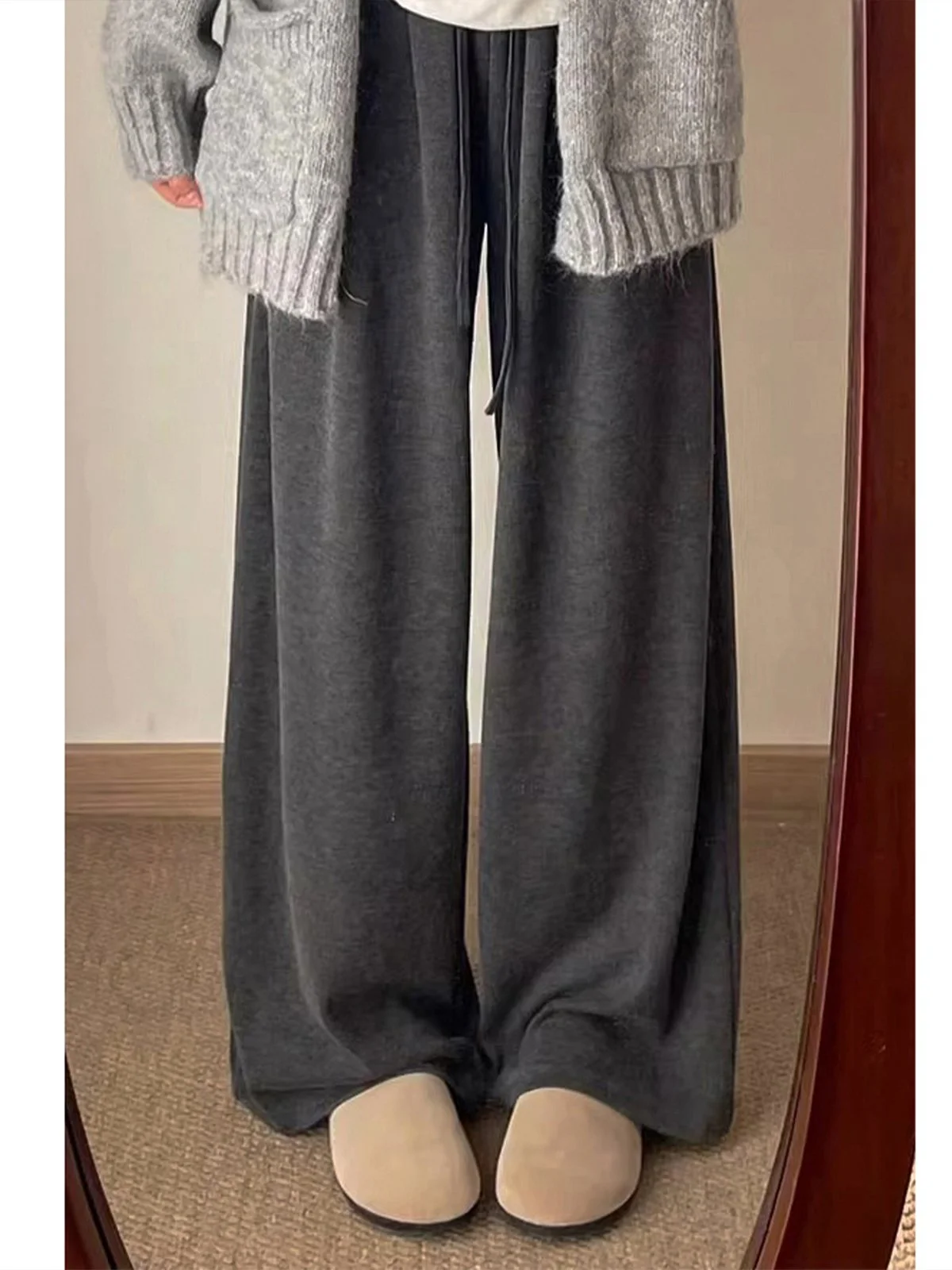 LA CHAPELLE ゆったり ハイウエスト ワイドストレートパンツ ダークグレー｜商品写真
