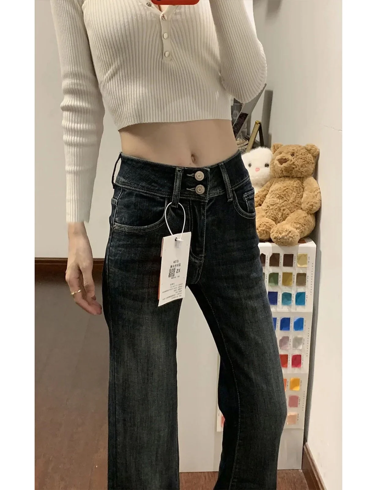 LA CHAPELLE ハイウエスト フレアデニムパンツ ブルーグレー 裏起毛タイプあり｜商品写真