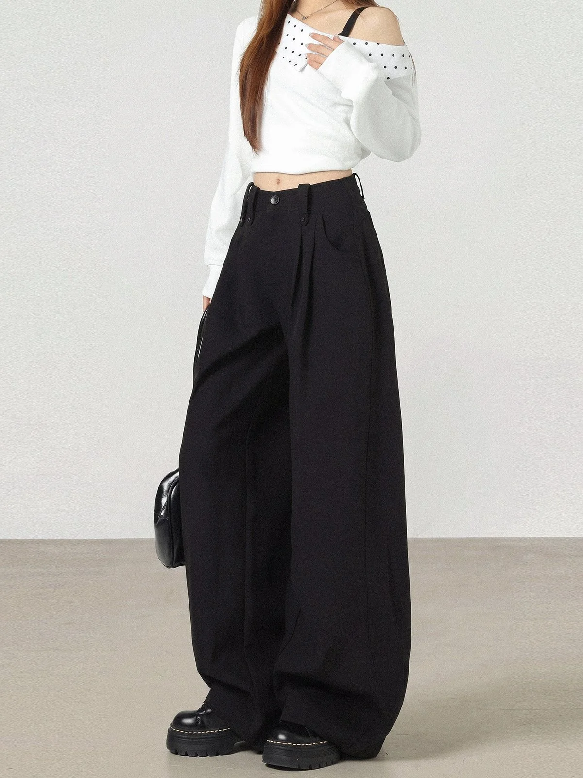 LA CHAPELLE シワ加工 ハイウエスト ワイドスラックス ブラック｜商品写真