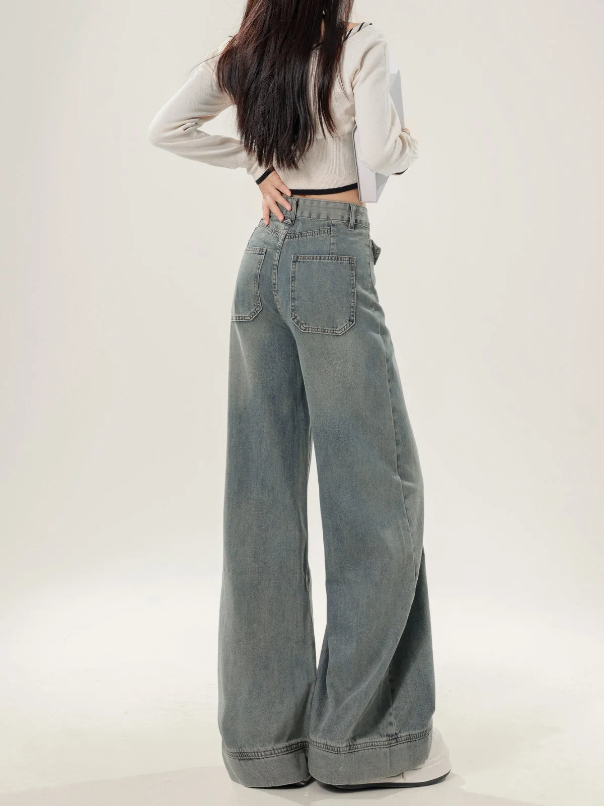 LA CHAPELLE レトロ ハイウエスト ロング丈 ワイドデニムパンツ ブルー｜商品写真