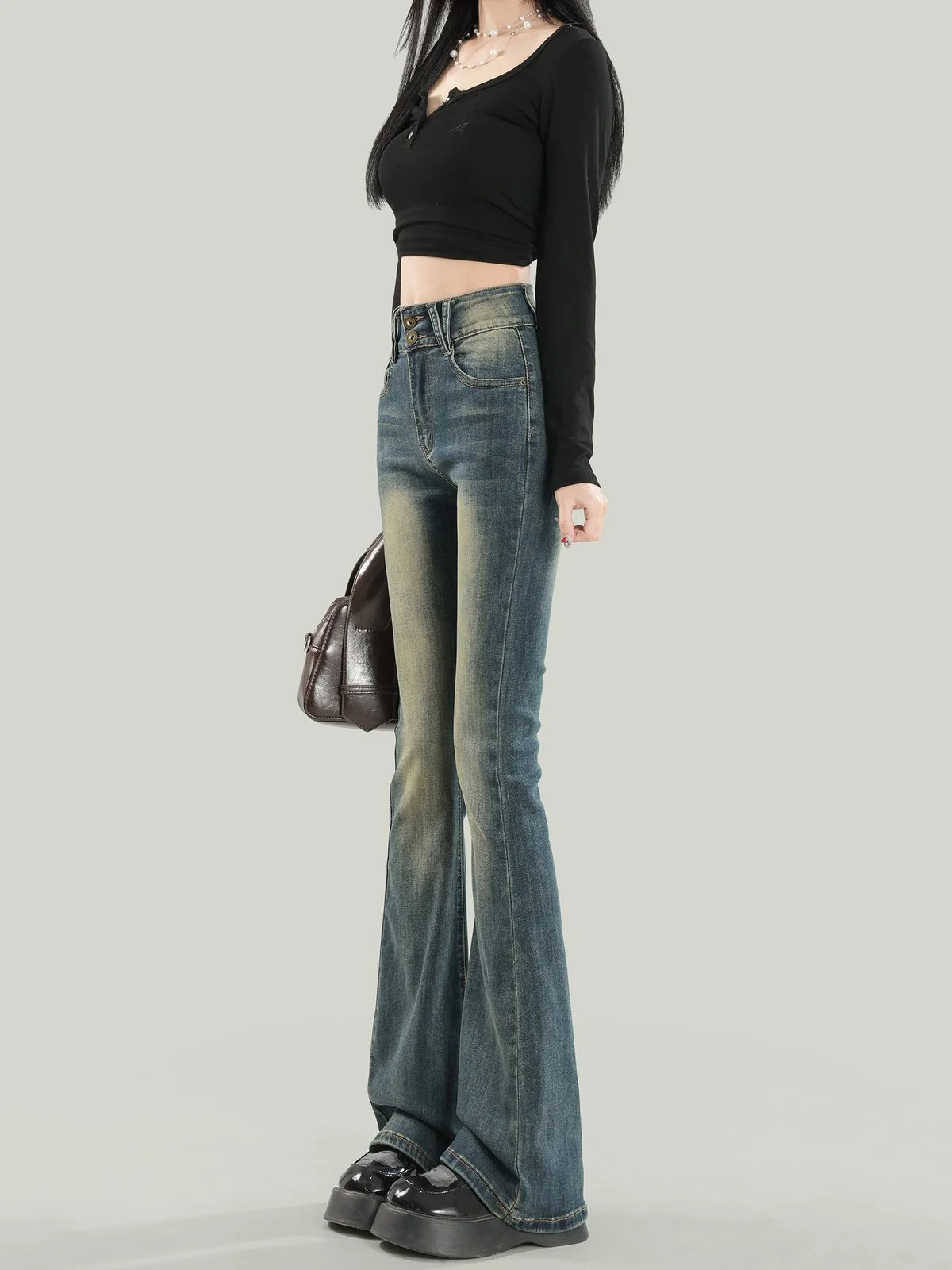 LA CHAPELLE ハイウエスト ストレッチ フレアデニムパンツ セメントグレー｜商品写真