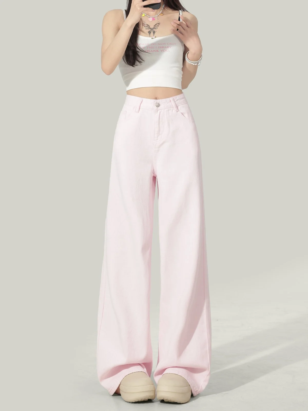 LA CHAPELLE ロング丈 ワイドストレート デニムパンツ サクラピンク｜商品写真