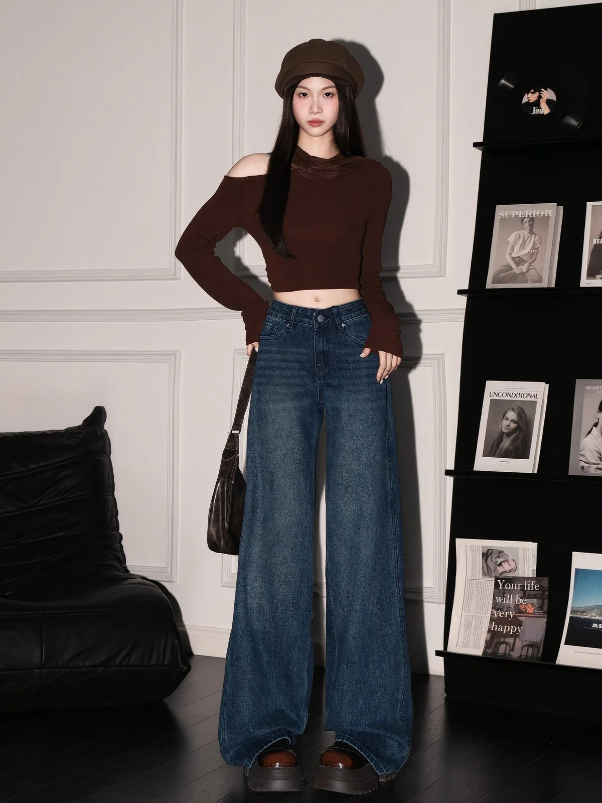 LA CHAPELLE レトロ ローウエスト ワイドストレート デニムパンツ ブルー｜商品写真