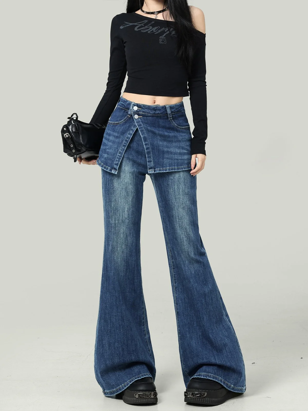 LA CHAPELLE 前後スカート風デザイン ハイウエスト フレアデニムパンツ レトロブルー｜商品写真