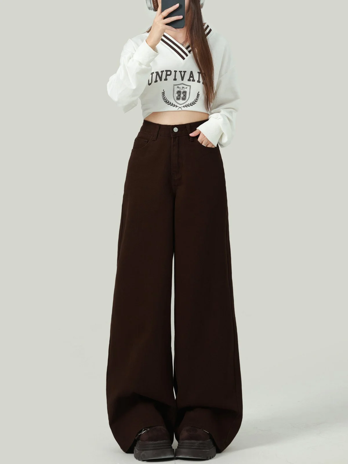 LA CHAPELLE バックポケット ワイドストレート デニムパンツ コーヒーブラウン｜商品写真
