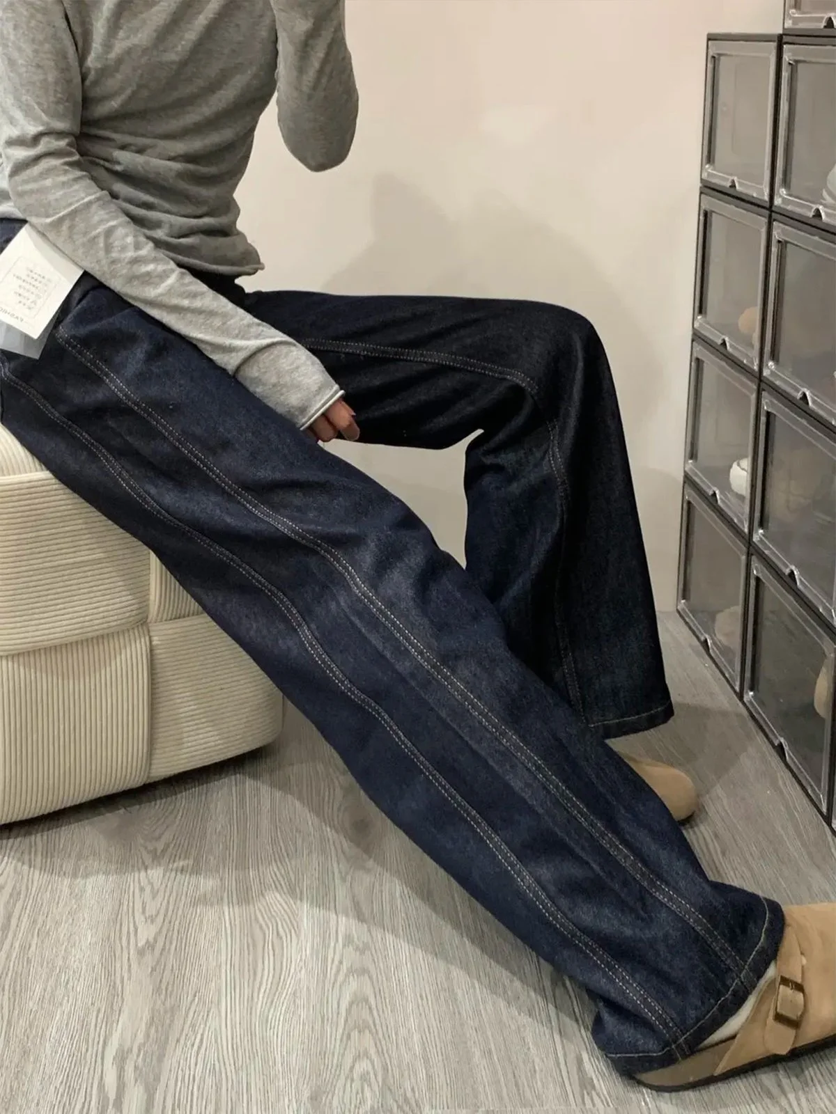 LA CHAPELLE アメカジ ストレートワイド デニムパンツ ダークブルー｜商品写真