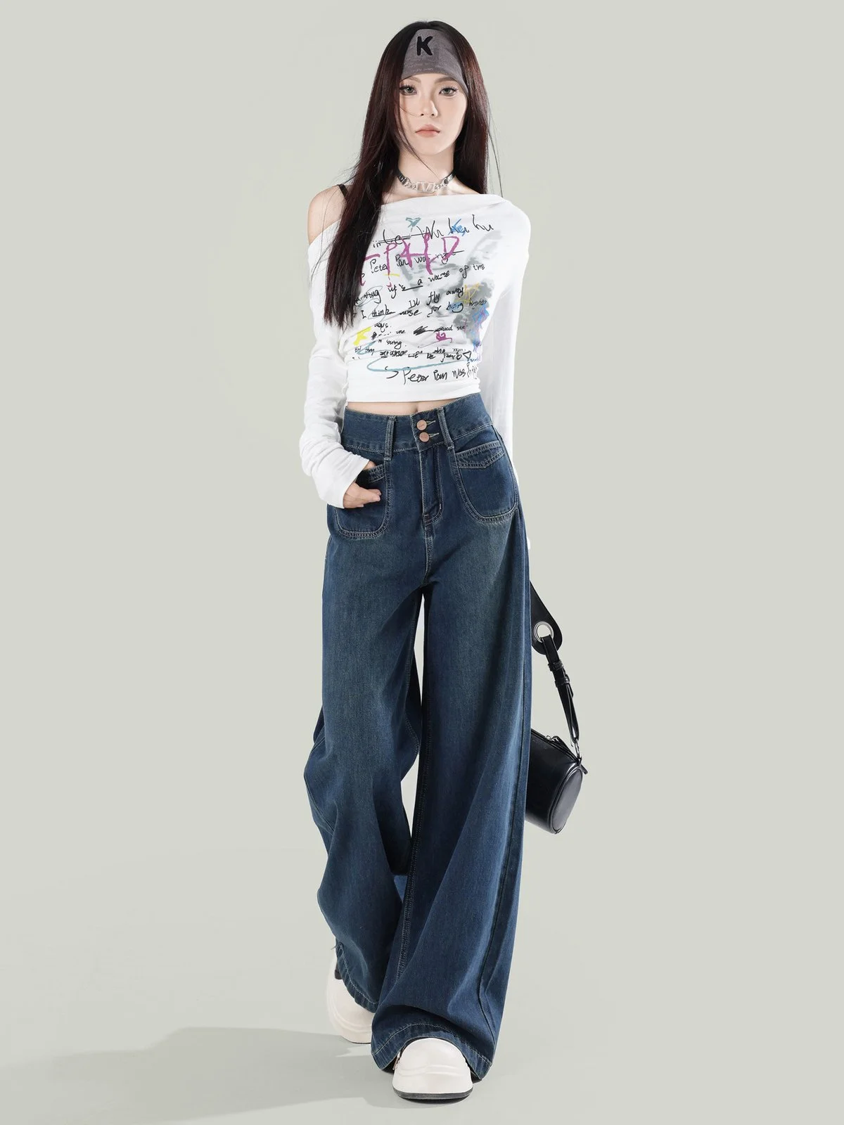 LA CHAPELLE ハイウエスト ゆったり ストレートワイド デニムパンツ ダークブルー｜商品写真
